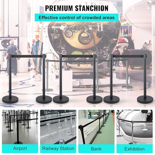 2 Packs Crowd Control Stanchion Set,Crowd Control Barriers,Black Stanchions with Retractable Belts 6.5Ft,with Easy Assembly,Height 36 Inches, for Store Queues, Airport Lines, Event Entries