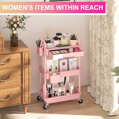 Goovilla 3 Tier Rolling Utility Cart Organizer with Removable Drawer, Pink - size: 3 Tier, style: Pink