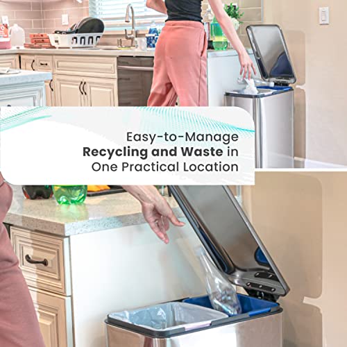 Home Zone Living 13 Gallon Kitchen Trash Can with Dual Compartments - color: Brushed Silver