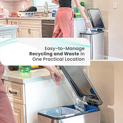 Home Zone Living 13 Gallon Kitchen Trash Can with Dual Compartments - color: Brushed Silver