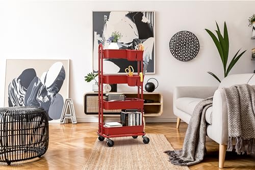 Simple Houseware 4-Tier Rolling Utility Cart with Hanging Bucket, Red - color: Red, size: 4-Tier