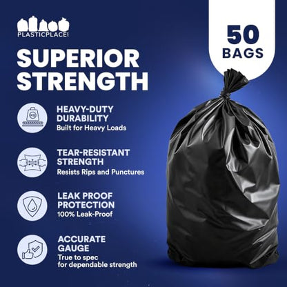 Plasticplace 65 Gallon Trash Bags │ 1.5 Mil │ Black Heavy Duty Garbage Can Liners │ 50” x 48” (50 Count)