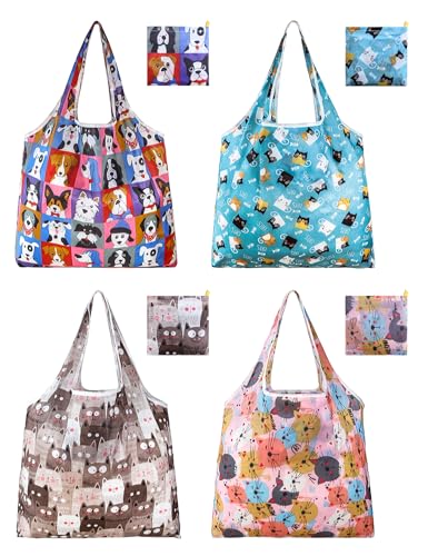 4 Pcs Reusable Grocery Bags, Foldable Shopping Bags Heavy Duty, Large Nano Bag Cute Tote Bag for Daily Shopping, Waterproof and Machine Washable (Animals)