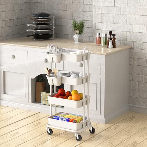 Simple Houseware 4-Tier Rolling Utility Cart with Hanging Bucket, White - color: White, size: 4-Tier