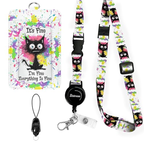 bolimoss Burnt Cat ID Badge Holder with Retractable Badge Reels, Funny Leather ID Badge Holder with Lanyard, Breakaway Neck Lanyards with Quick Release Buckles, ID Card Holder for Teacher Student Kids - color: Black Cat I'm Fine Everything is Fine