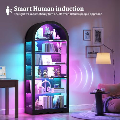 6-Tier Arched Glass Display Cabinet with RGB Lights & Lock - color: Black 6 Tier