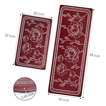 Kitchen Floor Mat Set of 2, Anti Fatigue Kitchen Mat 20"x32"+20"x47" - color: Red, size: 20"x32"+20"x48"
