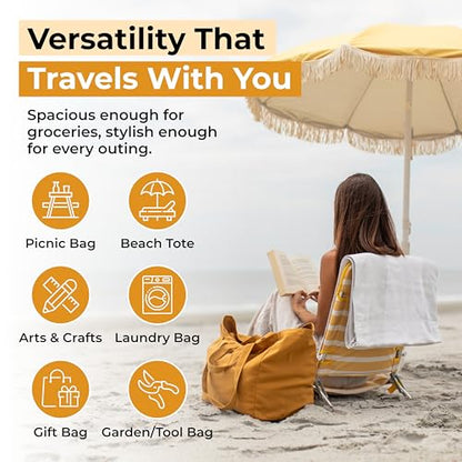 VeraMia Canvas Grocery Bag 3pc XL Set with Real Pockets, Long Shoulder Strap and Short Handle. Heavy Duty, Foldable, Washable - color: Butterscotch