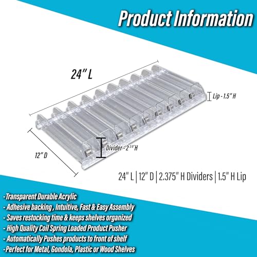 Auto Feed Shelf Product Pusher Kit, Adjustable Width Spring Loaded Merchandise Glider Pushing System, Kit for [1] 12" D x 24" L Shelf - [9 Shelf Pushers + 10 Dividers] - size: 24" Kit
