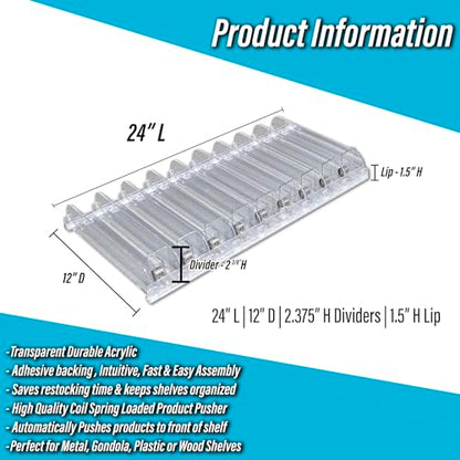 Auto Feed Shelf Product Pusher Kit, Adjustable Width Spring Loaded Merchandise Glider Pushing System, Kit for [1] 12" D x 24" L Shelf - [9 Shelf Pushers + 10 Dividers] - size: 24" Kit