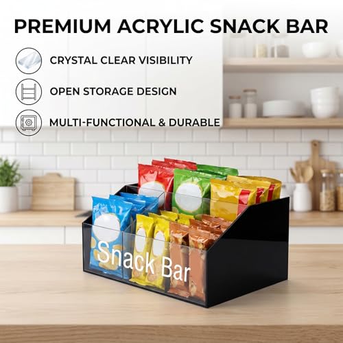 Snack Organizer for Countertop, Black & Clear Acrylic Snack Bar Organizer, 4 Compartment Snack Holder Chips Organizer, Trapezoid Snack Basket Bin for Kitchen Pantry Organizer and Storage
