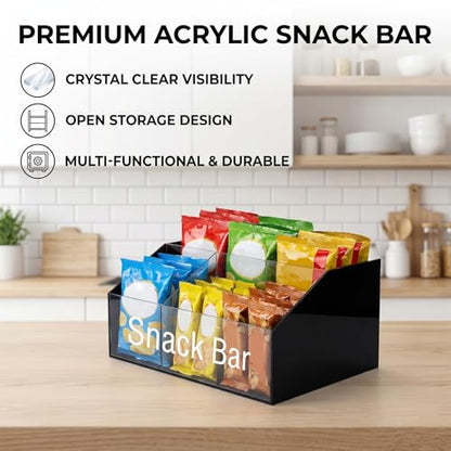 Snack Organizer for Countertop, Black & Clear Acrylic Snack Bar Organizer, 4 Compartment Snack Holder Chips Organizer, Trapezoid Snack Basket Bin for Kitchen Pantry Organizer and Storage