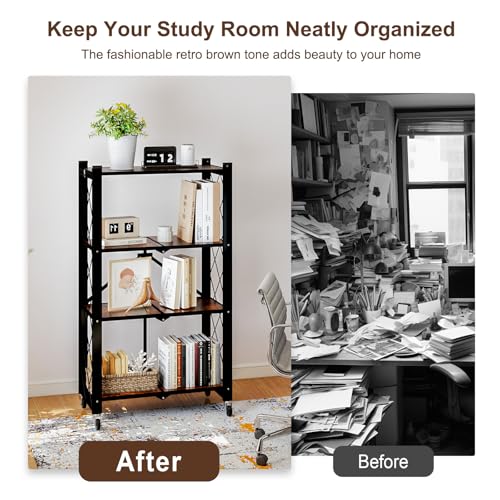 4 Tier Folding Shelf with Wheels, Wood and Metal Bookshelf - color: Brown Wooden, size: 4 Tier
