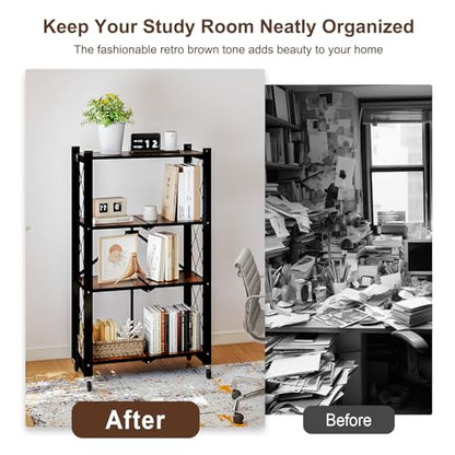 4 Tier Folding Shelf with Wheels, Wood and Metal Bookshelf - color: Brown Wooden, size: 4 Tier