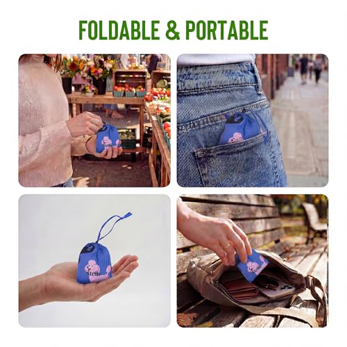 Stelle Lightweight Reusable Grocery Bag with Handles Ripstop Nylon Foldable Tote Shopping Bags for Travel and Groceries - color: Puppy Parade|blue