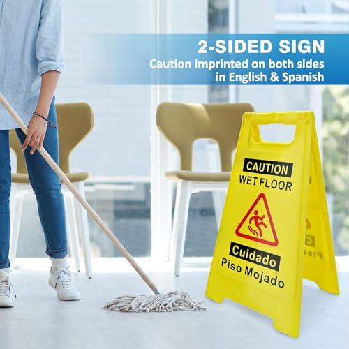 2 Pack Caution Wet Floor Sign, 17.5" Height, Bright Yellow, Double-Sided A-Frame Safety Caution Sign Commercial, Bilingual Caution Message