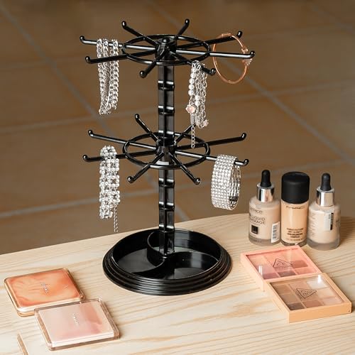 2 Tier Rotating Jewelry Display Stand, Necklace Holder, Jewelry Tree Stand, DIY Organizer for Bracelets, Necklaces, Earrings, Rings, Watches (Black) - color: Black