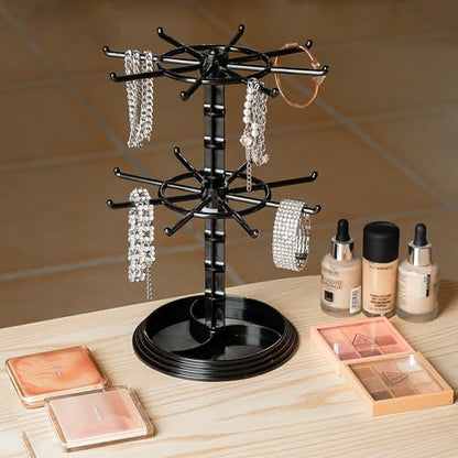2 Tier Rotating Jewelry Display Stand, Necklace Holder, Jewelry Tree Stand, DIY Organizer for Bracelets, Necklaces, Earrings, Rings, Watches (Black) - color: Black