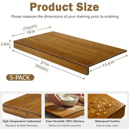Solid Carbonized Bamboo Wire Shelf Covers for Wire Shelving, Wire Rack Covers for Pantry Shelves, Tool-Free & Snap-On (5pcs, 37" W x 16" D) - size: 37"W x16"D x2.6"H