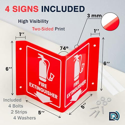 Fire Extinguisher Sign with Arrow, 3D Acrylic V Sign, Wall Mount, 4 Pack - color: Red Acrylic - Pack of 4