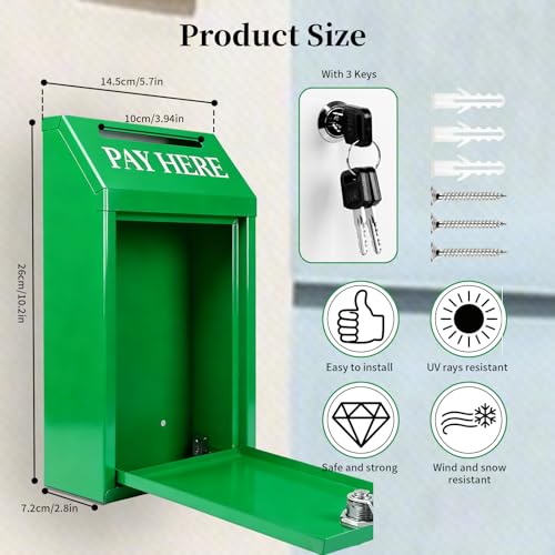 Locking Metal Cash Box with Key – 10.2"x5.7"x2.8" Money Collection Safe for Farm Stand or Retail – OPEN Flag Banner Kit with Pole & Bracket, Double-Sided Canvas Open Sign 42"x12" (Green) - color: Green