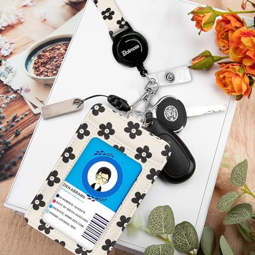 bolimoss Cute Flowers Badge Holders, Leather ID Name Badge Card Holder with Swivel Metal CLAS - color: Black Groovy Flowers
