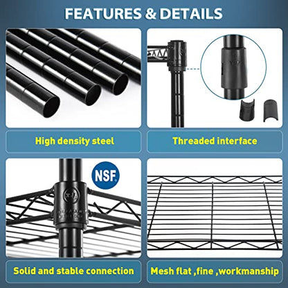 BestOffice | 5-Tier Wire Shelf with Wheels | 16.7" x 11.8" x 47.6" | Black - color: Black, size: 16.7L×11.8W×47.6H