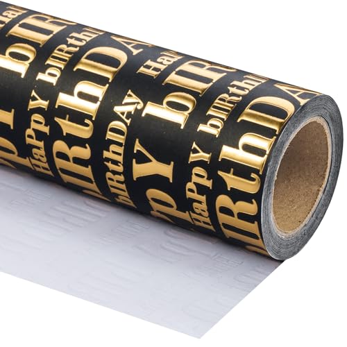 WRAPAHOLIC 30 Inch 3D Kraft Birthday Wrapping Paper Roll - 30 Inch x 16.5 Feet - Gold and Black Happy Birthday Wrapping Paper with Embossed Perfect for Holiday, Party Celebration - color: Black & Gold Happy Birthday, size: 30 inch x 16.5 feet