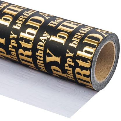 WRAPAHOLIC 3D Kraft Birthday Wrapping Paper Roll - Mini Roll - 17 Inch x 16.5 Feet - Gold and Black Happy Birthday Lettering Design with Embossed Perfect for Holiday, Party Celebration - color: Black & Gold Happy Birthday, size: 17 inch x 16.5 feet