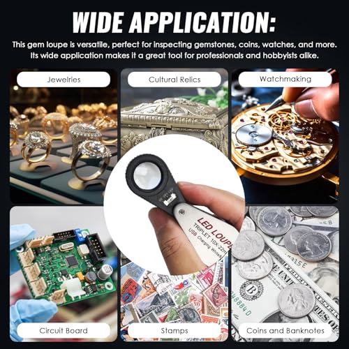 10X Jewelers Loupe Magnifier with UV & LED Lights, 22mm Triplet Lens, Rechargeable Foldable Jewelry Magnifier for Gems, Coins, Diamonds Inspection, Portable Loupe Tool