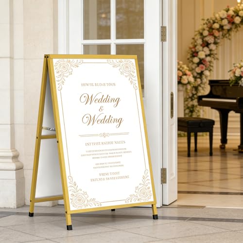 Golden A Frame Sign, Heavy Duty Slide-in A Frame Sign Holder, Double-Side 24x 36 Inch Sandwich Board for Office, Wedding, Business, Party Poster, Frame only