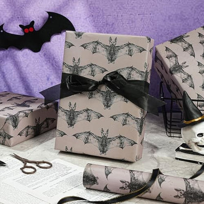WRAPAHOLIC Bat Halloween Wrapping Paper Roll - Mini Roll - 17 Inch x 16.5 Feet - Black White Gothic Bat Wrapping Paper for Halloween Party, Spooky Gifts, Holiday - color: Halloween Bat