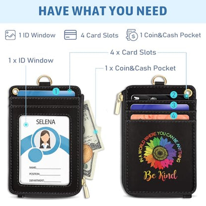 Be Kind Sunflower Lanyard Wallet with ID Badge Holder, Small RFID Keychain - color: Be Kind Sunflower