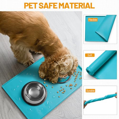 Hubulk Dog Feeding Mat,100% Waterproof BPA Free Silicone Pet Food and Water Bowl Placemat,Dishwasher, High Raised Edge to Prevent Spills,Nonslip Tray to Stop Messes on Floor (19"x12"x0.5", Teal) - color: Green(Teal), size: 19"l X 12"w