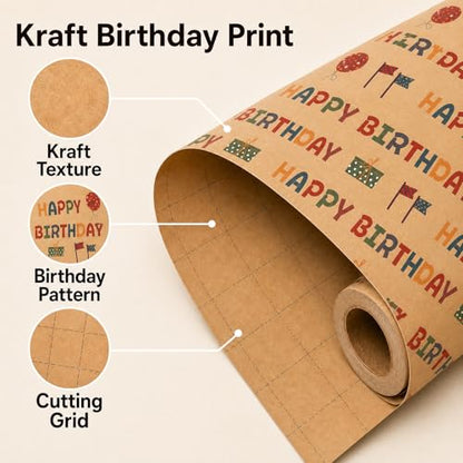 Ulmasinn Kraft Birthday Wrapping Paper Roll - 17" x 16.4 Ft with Grid Cut Lines, Happy Birthday Print for Easy Wrapping, Kids Party, Baby Shower - color: Kraft Birthday