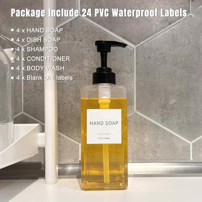 Clear Soap Dispenser with Waterproof Labels, Thickened Plastic Hand Soap Dispenser for Bathroom, Kitchen Dish Washing Liquid Bottles, Shampoo and Conditioner Bottles with Funnel (22oz 4Pack Clear) - color: 22oz 4pack Clear