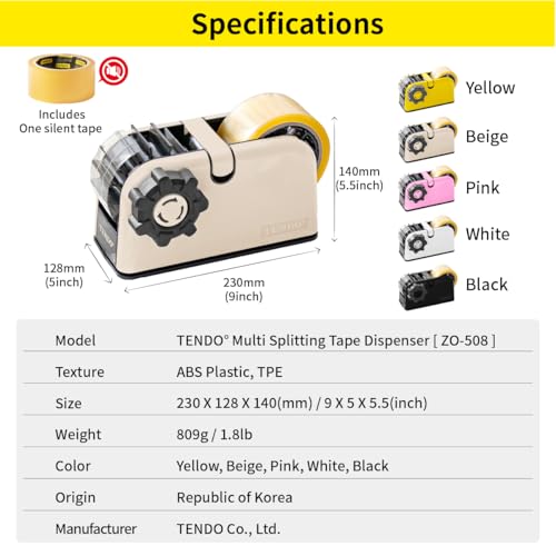 [TENDO°] TENDO Multi-Section Tape Dispenser, Custom Width Tape Cutter with 4 Cutting Sections, Built-in Safety Blade, Ergonomic Grip for Packing and Office Use, ZO-508(Beige) - color: Beige