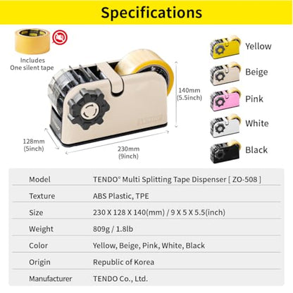 [TENDO°] TENDO Multi-Section Tape Dispenser, Custom Width Tape Cutter with 4 Cutting Sections, Built-in Safety Blade, Ergonomic Grip for Packing and Office Use, ZO-508(Beige) - color: Beige
