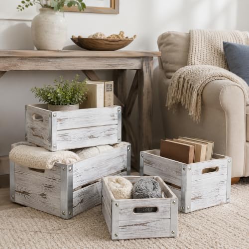 Oojami 4 Pack Distressed White Wood Crates Rustic Nesting Storage Boxes - color: Distressed White