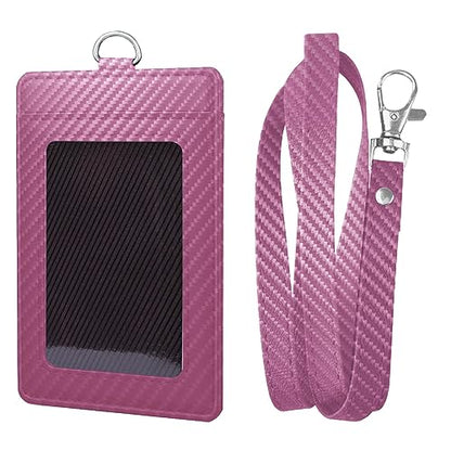 Carbon Fiber Work ID Card Holder with Lanyard,Pink - color: Pink