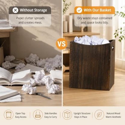 Vrisa Wood Trash Can 5.3 Gallon Office Wastebasket Farmhouse Rectangular Garbage Can with Built-in Handles Small Trash Can for Bedroom Office Kitchen Bathroom Under Desk Large Storage