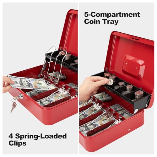 Cash Box with Key Lock & Foam Auto-Pop Coin Tray – Secure Steel Money Box with 4 Upgraded Finger-Safe Bill Clips, Premium Smooth Scratch-Resistant Coating, 11.8"L x 9.5"W x 3.5"H, KL Red - color: KL Red