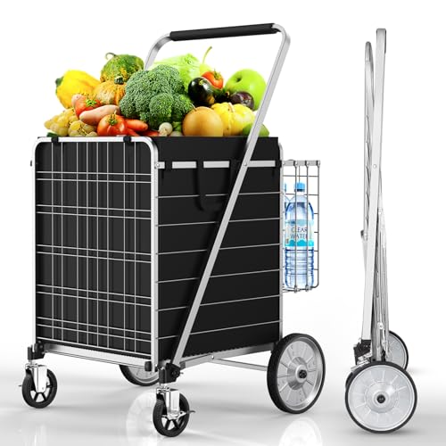 XINGLANG 5.7 Cu Ft Folding Shopping Cart - 600 LB Capacity Grocery Cart with 360° Braked Swivel Wheels - Heavy Duty Utility Cart with Double Basket & Removable Waterproof Liner with Lid for Laundry - color: Silver