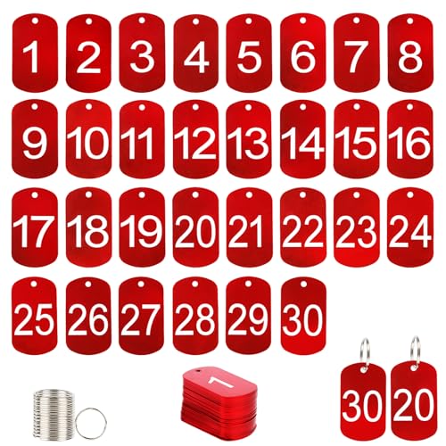 30 Pcs Aluminum Numbered Tags with Key Rings Number 1-30 Metal Number Tags Key Tags for Identification Hotel Dormitory House Locker tagss