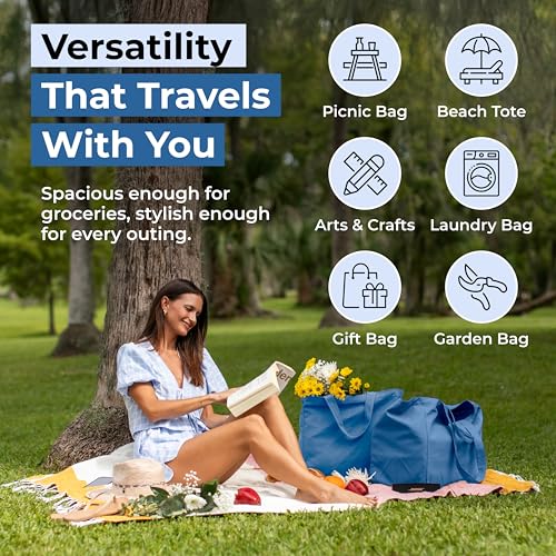 VeraMia Canvas Grocery Bag 3pc XL Set with Real Pockets, Long Shoulder Strap and Short Handle. Heavy Duty, Foldable, Washable - color: Sky Blue