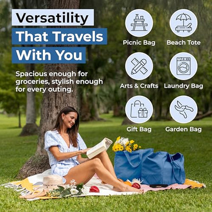 VeraMia Canvas Grocery Bag 3pc XL Set with Real Pockets, Long Shoulder Strap and Short Handle. Heavy Duty, Foldable, Washable - color: Sky Blue