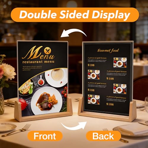 Acrylic Sign Holder 8.5 x 11 with Wood Base 3 Pack, Anti-Slip Silicone Bottom Menu Stand for Table, Clear Double Sided T-Shape & Slanted L-Shape Flyer Display for Office, Restaurant, Wedding - color: Natural Wood Color