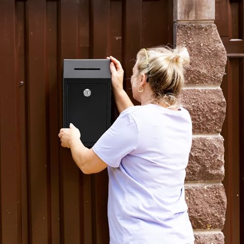 Metal Donation Box with Lock Money Cash Drop Box with Slot, Wall Mount Suggestion Box Collection Box Ballot Box for Home Office Outdoor Farm Stand, 10.2 x 5.7 x 3 in - color: Black
