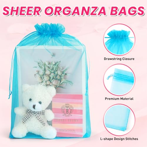 ANZNKU 50 Pcs Large Organza Bags 8x12, Small Mesh Gift Bag Drawstring Bulk - color: Lake Blue