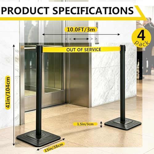 4 Pack Crowd Control Stanchions with 10FT Retractable "Out of Service" Belt - color: OUT OF SERVICE BELT